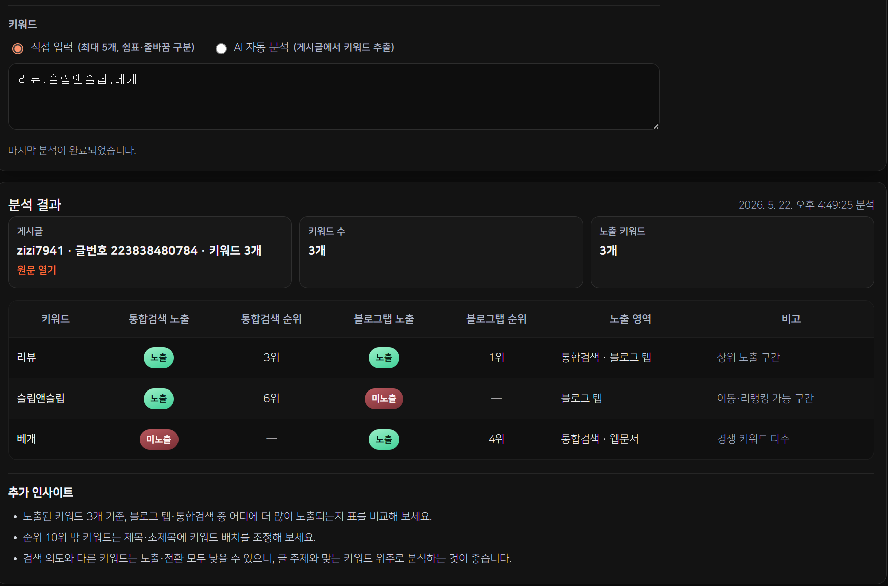 게시글 분석 결과 표