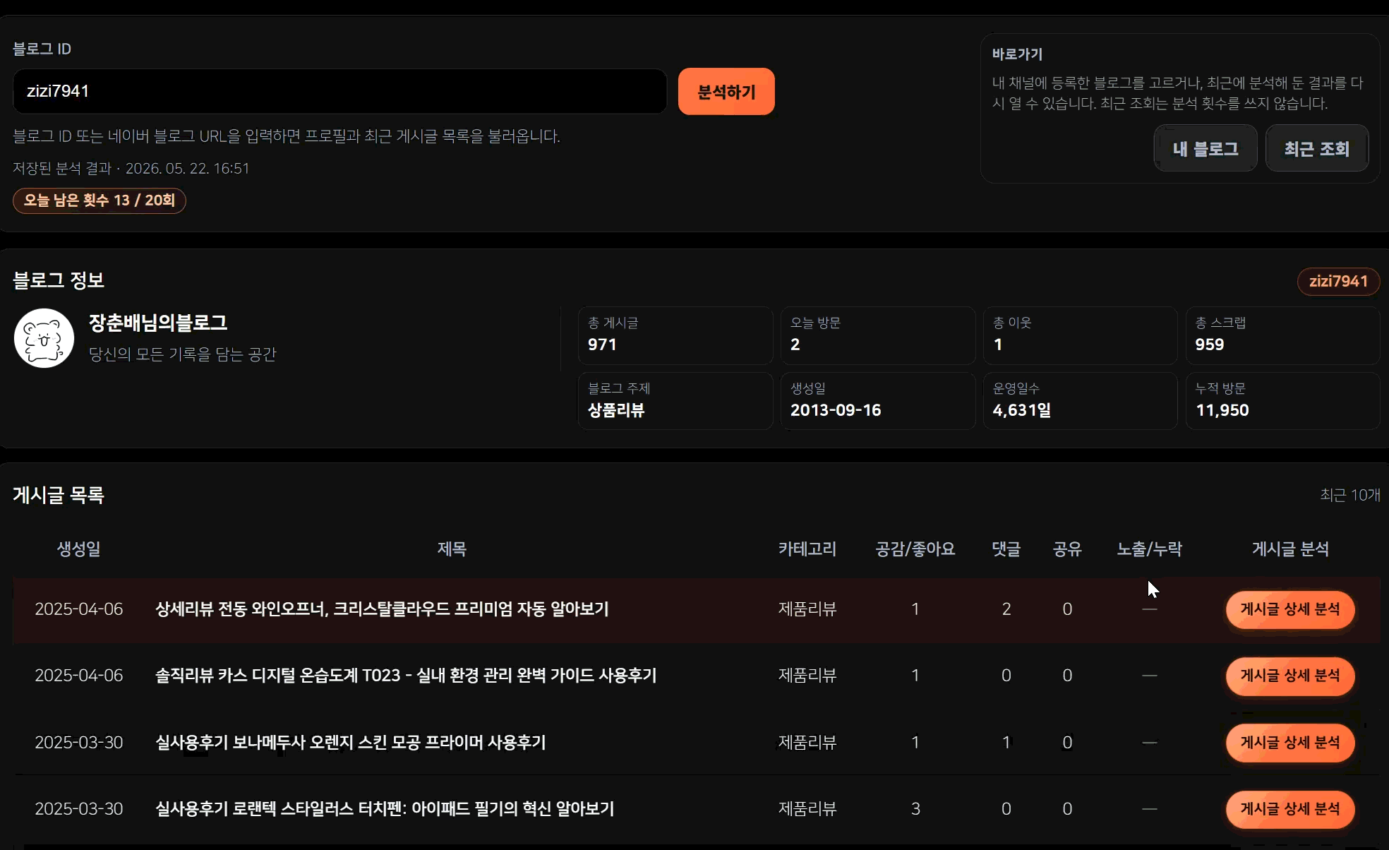 블로그 분석에서 게시글 상세 분석으로 URL이 채워지는 흐름